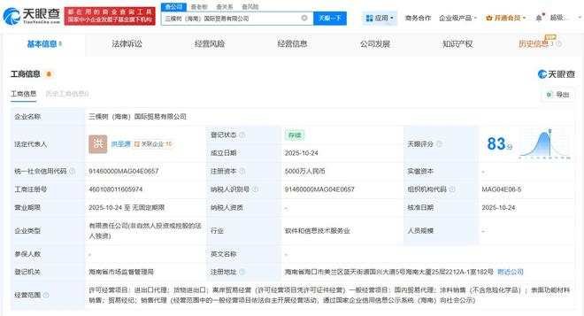 三棵树海南国际贸易公司成立，注册资本5000万进军贸易经纪与代理